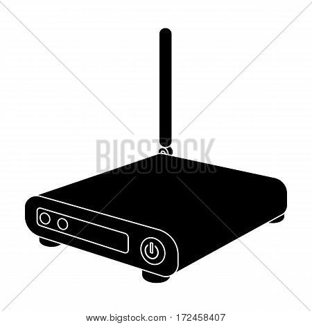 Router icon in black design isolated on white background. Personal computer accessories symbol stock vector illustration.