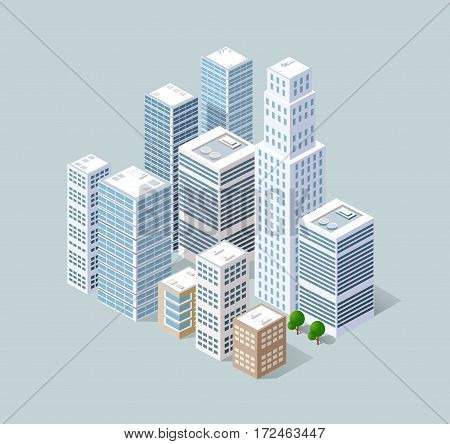 Neighborhood 3d isometric three-dimensional view of the city. Collection of houses skyscrapers buildings and supermarkets. The stock vector