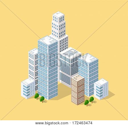 Neighborhood 3d isometric three-dimensional view of the city. Collection of houses skyscrapers buildings and supermarkets. The stock vector