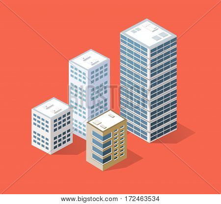 Neighborhood 3d isometric three-dimensional view of the city. Collection of houses skyscrapers buildings and supermarkets. The stock vector