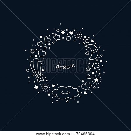 Abstract background in hand-drawn style. Round frame with cloud stars hearts comet and crescent moon. Vector illustration