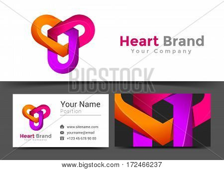 Three Hearts Corporate Logo and Business Card Sign Template. Creative Design with Colorful Logotype Visual Identity Composition Made of Multicolored Element. Vector Illustration.