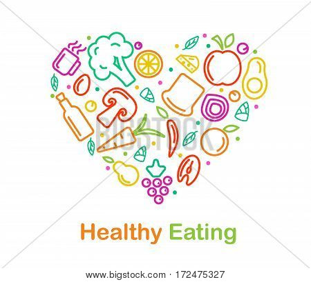 Vector food icon in trendy linear style is arraged in heart for healthy food and organic food