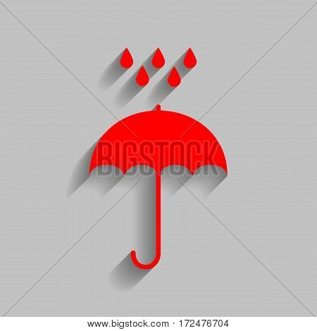Umbrella with water drops. Rain protection symbol. Flat design style. Vector. Red icon with soft shadow on gray background.