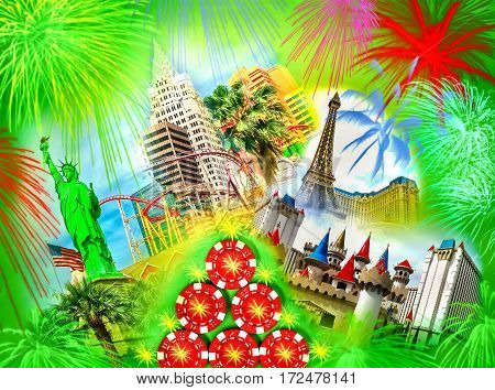 Poker Casino and Las Vegas collage. Wellcome to Las Vegas and Gambling concept