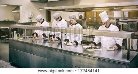 Focused chefs preparing plate in professioanl kitchen