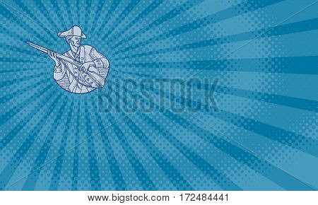 Business card showing Mono line style illustration of an american patriot minuteman holding rifle looking to the side viewed from front.