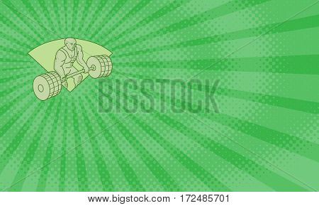 Business card showing Mono line style illustration of a weightlifter lifting barbell weights with both hands set inside shield crest on isolated background.