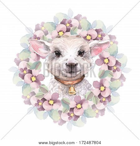 Goatling. Cute watercolor illustration. Hand drawn yeanling. Floral wreath