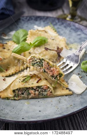 Salmon Spinach Ravioli on Plate