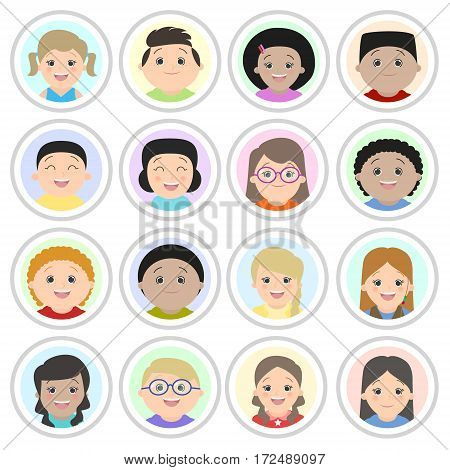 Avatars children's portraits. Boys and girls of different nationalities portraits. Cartoon vector