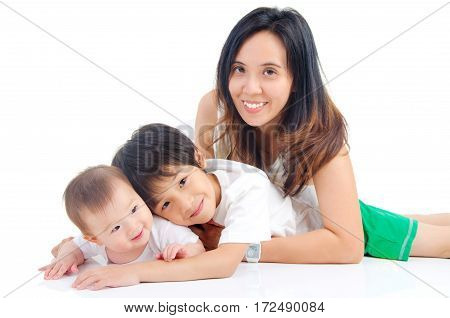 Portrait of asian mother and kids on white background