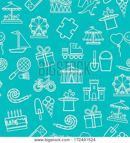Children's entertainment and leisure, background, seamless, contour, blue-green.  Vector background with objects for the entertainment of children. White linear image of the turquoise field.