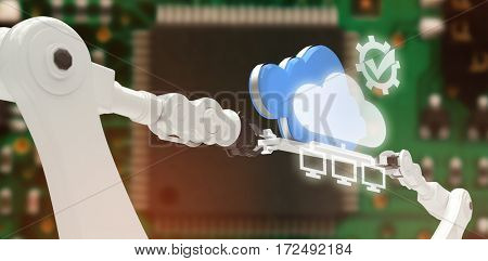 Tick symbol in gear against computers connected to the cloud against green pcb