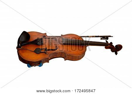 Violin and bow isolated on white background. Musical stringed instrument for musical performance. Classical orchestral music.