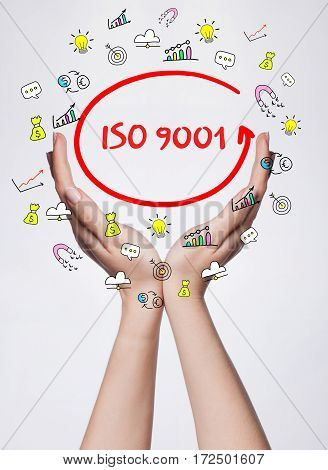 Technology, Internet, Business And Marketing. Young Business Woman Writing Word:  Iso 9001