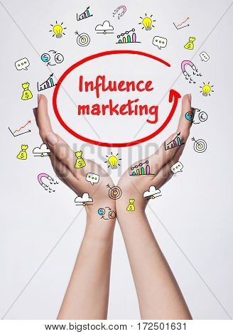 Technology, Internet, Business And Marketing. Young Business Woman Writing Word:  Influence Marketin