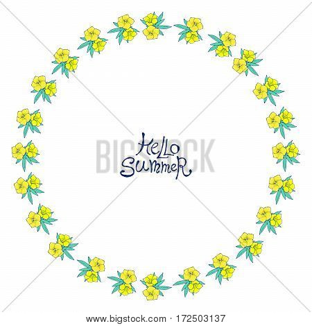 Floral frame with yellow flowers. Nature circle hand drawn border on white background. Vector decoration. Good for greeting cards and invitations.