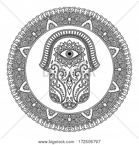 Hamsa hand drawn symbol in mandala. Mehndi style. Decorative pattern in oriental style. For henna tattoo, and decorative design documents and premises. The ancient symbol of the 