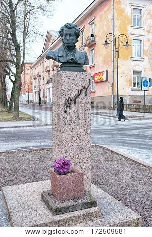 NARVA, ESTONIA - JANUARY 2, 2017: Monument to Alexander Pushkin, russian poet on  Pushkin Street in the center of the town not far from Estonian-Russian border