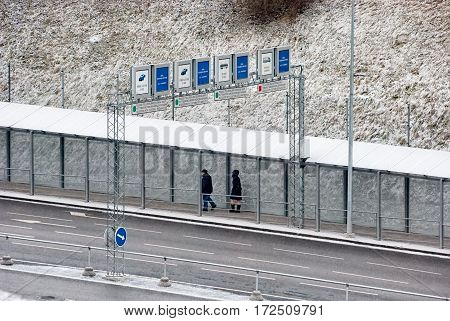 NARVA, ESTONIA - JANUARY 2, 2017: Bridge of Friendship with pedestrian tunnel over Narova River between Narva in Estonia and Ivangorod in Russia