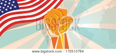 USA United States of America fight and protest independence struggle rebellion show symbolic strength with hand fist illustration and flag vector