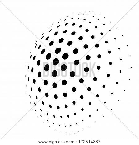 Abstract halftone 3D sphere of circle dots in radial arrangement. Simple modern design vector element in black and white.