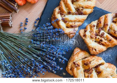 marple and pecan plait pastry sweet food breakfast with lavender flowers