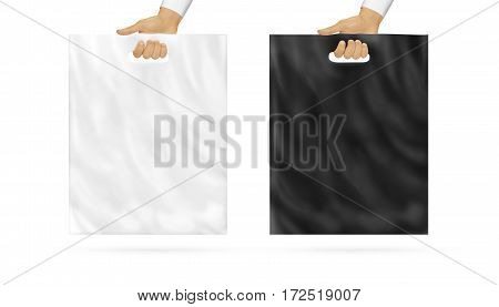 Blank plastic bag mock up set holding in hand. Empty polyethylene package mockup, black and white, hold in arms isolated. Consumer pack ready for logo or identity presentation. Product food packet.