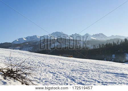 Winter mountains covered with snow view from a big meadow in Tatry mountains in Poland