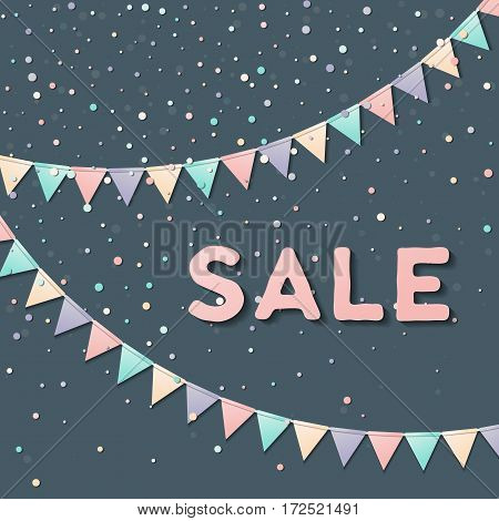 Bunting Garland. Bewitching Celebration Card With Colorful Paper Bunting Garland And Confetti. Party