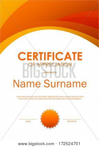 Certificate of appreciation template with wavy dynamic light background and seal. Vector illustration