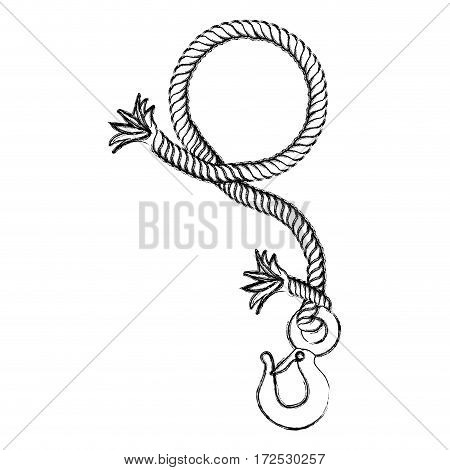 monochrome contour hand drawing of nautical break rope with metal hook vector illustration