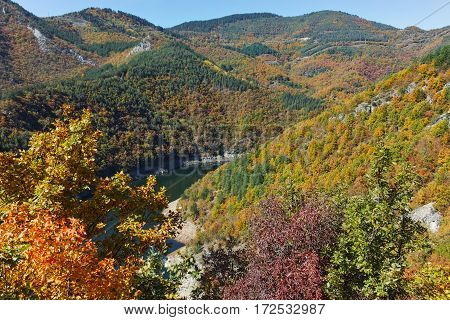 Autumn Panoramic view of Tsankov kamak Reservoir, Smolyan Region, Bulgaria