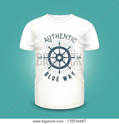 T-shirt mockup with steering wheel silhouette and sunburst. Vector illustration. Realistic mockup and nautical retro label used for advertising emblem on textile goods, banner or poster design.