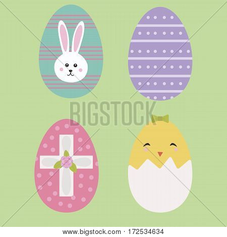 Cute Easter eggs icons in flat style design isolated icons. Vector illustration. EPS 10. 
Bunny, chick, cross, flower