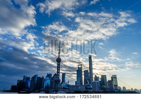 landmarks of Shanghai with Huangpu river in China.