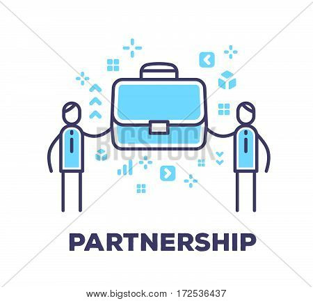 Vector Business Illustration Of Two Men Holding A Big Blue Brief Case Together On White Background W