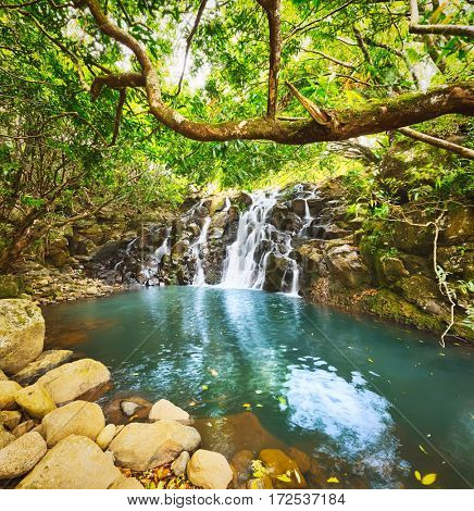 Scenic Cascade Vacoas waterfall. Mauritius island