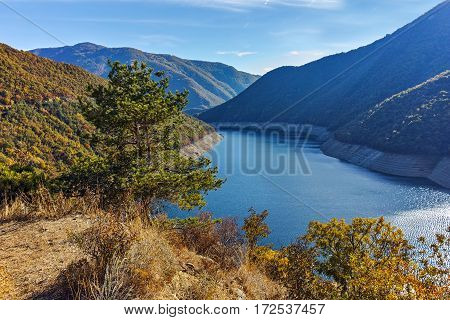 Autumn landscape of the Vacha (Antonivanovtsy) Reservoir, Rhodopes Mountain, Bulgaria