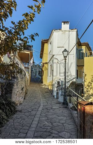 Typical stret in Old town in city of Kavala, East Macedonia and Thrace, Greece