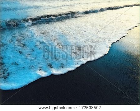 Sea wave over sand beach digital illustration. Oceanic water tide on seashore. Sunset seaside minimal image. Abstract painting style picture for tropical summer exotic travel seaview banner template