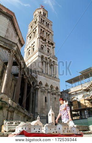 Split Croatia - 27 August 2004: People walking in front of Diocletian palace in Split Dalmatia Croatia