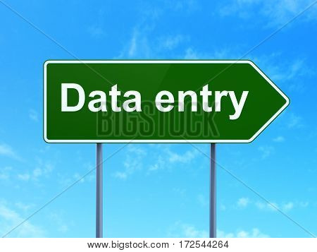 Data concept: Data Entry on green road highway sign, clear blue sky background, 3D rendering