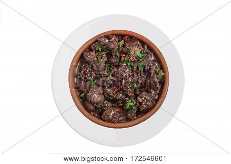 roast heart  liver beef chicken kuchmachi  traditional Georgian dish white background top view