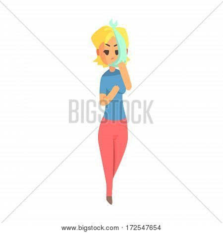 Girl Having A Gumboil Dental Abscess, Adult Person Feeling Unwell, Sick, Suffering From Illness. Cartoon Character Unhealthy With Sicknesses Symptoms In Need Of Medical Treatment.