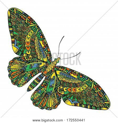 Butterfly with ethnic doodle pattern. Zentangle inspired pattern for anti stress coloring book pages for adults and kids