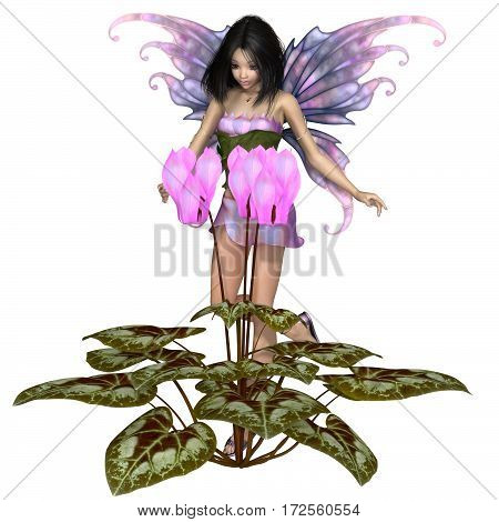 Fantasy illustration of a pretty dark haired fairy standing with a pink cyclamen flower, digital illustration (3d rendering)