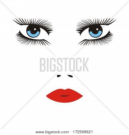vector illustration of a face of a woman with long lashes blue eyes and red lips