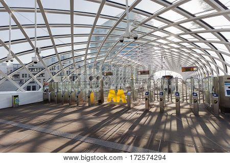 The Hague The Netherlands - February 14 2017 : Metro entrance of the Hague central station in the netherlands